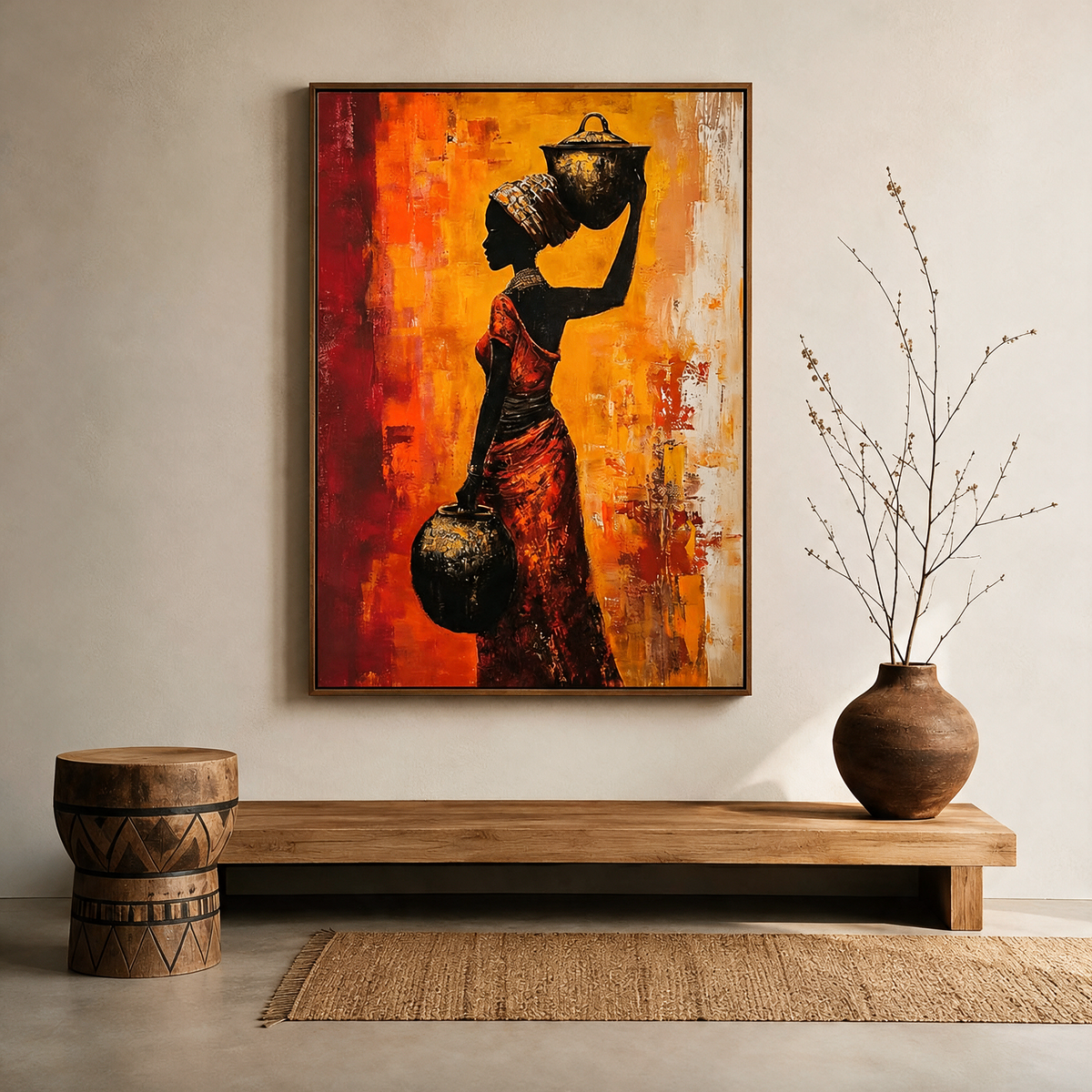 African Woman Holding an Amphora at Sunset - Textured Painting