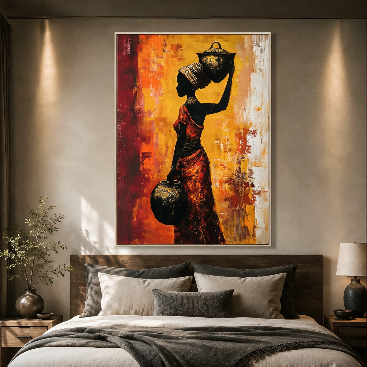 African Woman Holding an Amphora at Sunset - Textured Painting