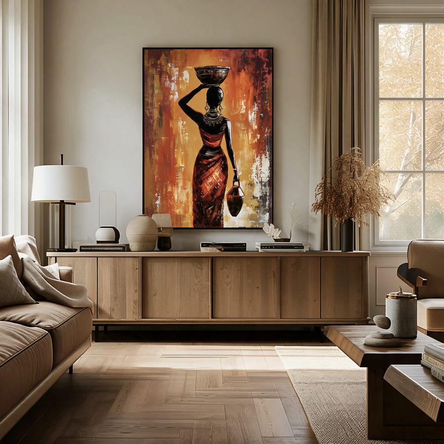 African Woman Carrying a Pot on Her Head - Textured Painting