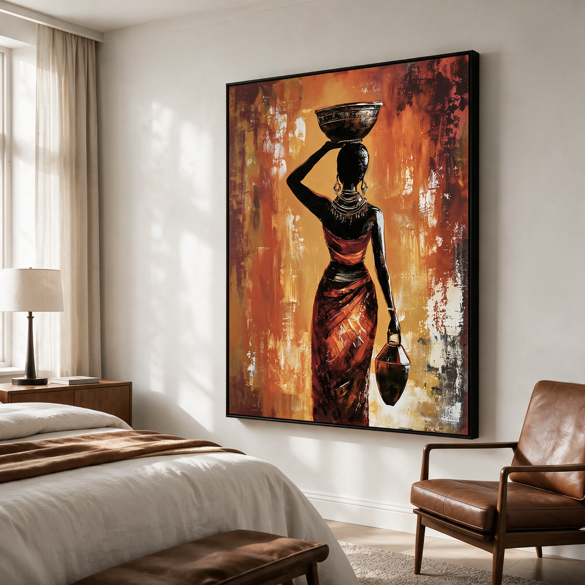 African Woman Carrying a Pot on Her Head - Textured Painting