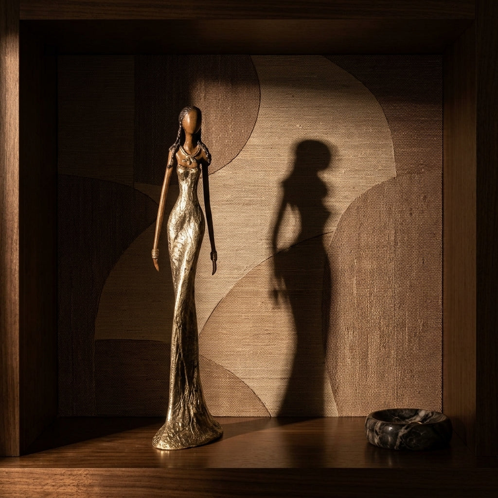 The Muse 42, hand-cast African bronze sculpture of a woman in a gold relief gown