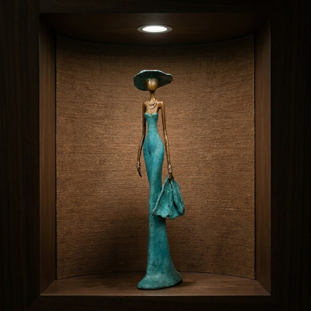The Muse 43: she wears a wide-brimmed hat and a long gown in a turquoise patina, a stole draped over one hand, hand-cast bronze sculpture