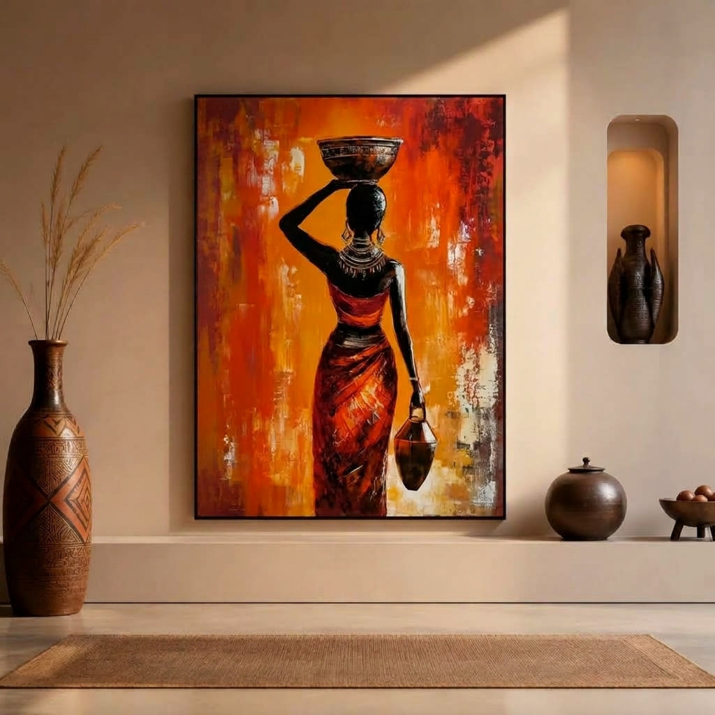 African Woman Carrying a Pot on Her Head - Textured Painting