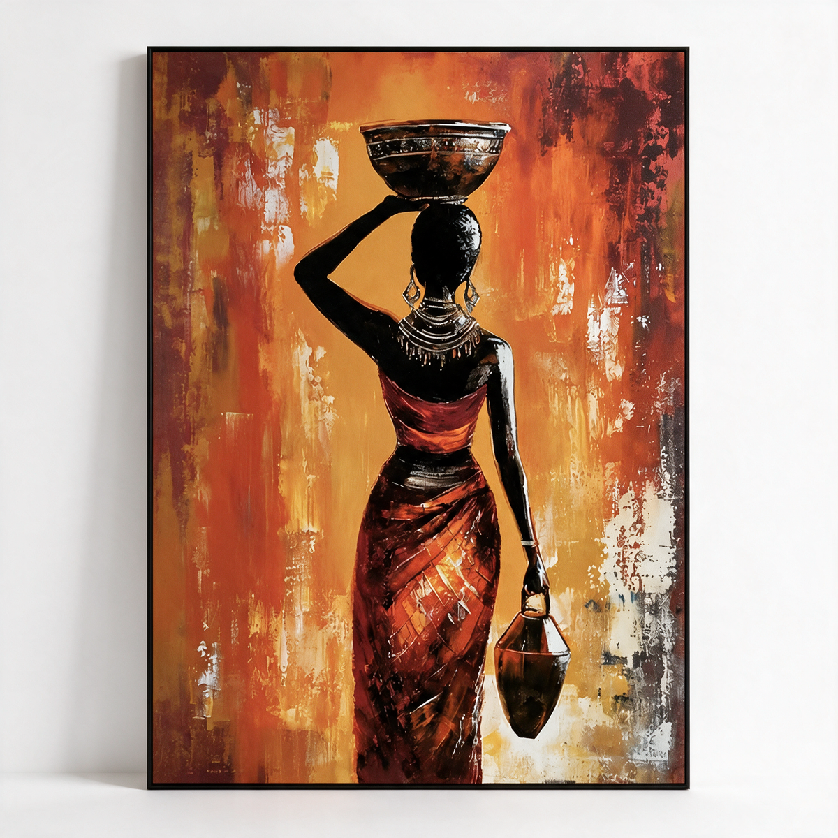 African Woman Carrying a Pot on Her Head - Textured Painting