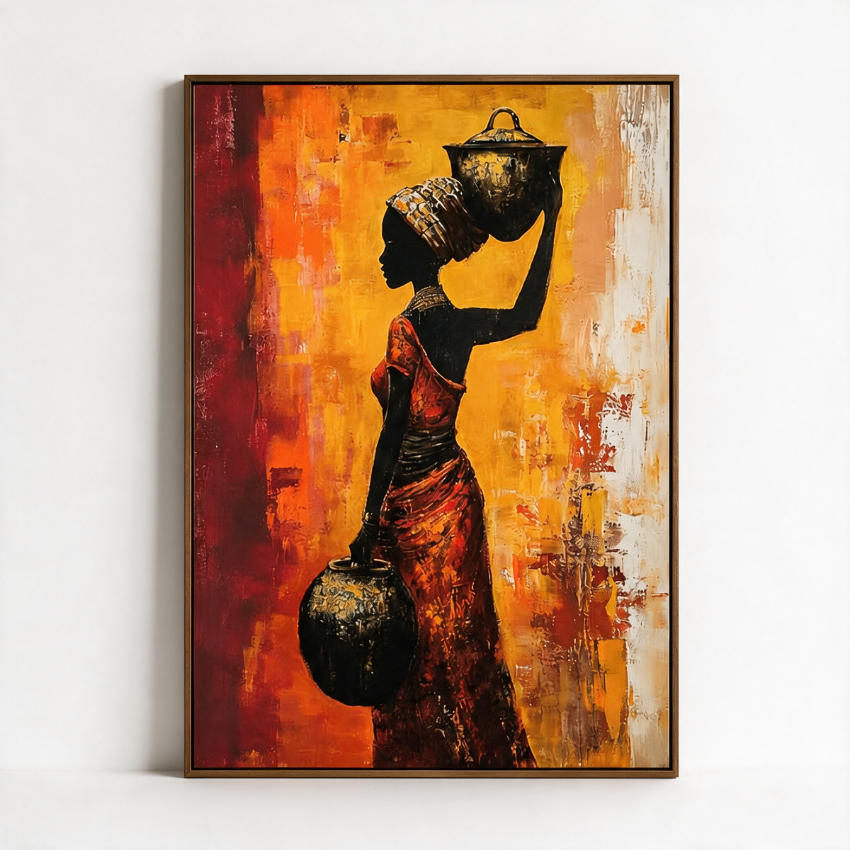 African Woman Holding an Amphora at Sunset - Textured Painting