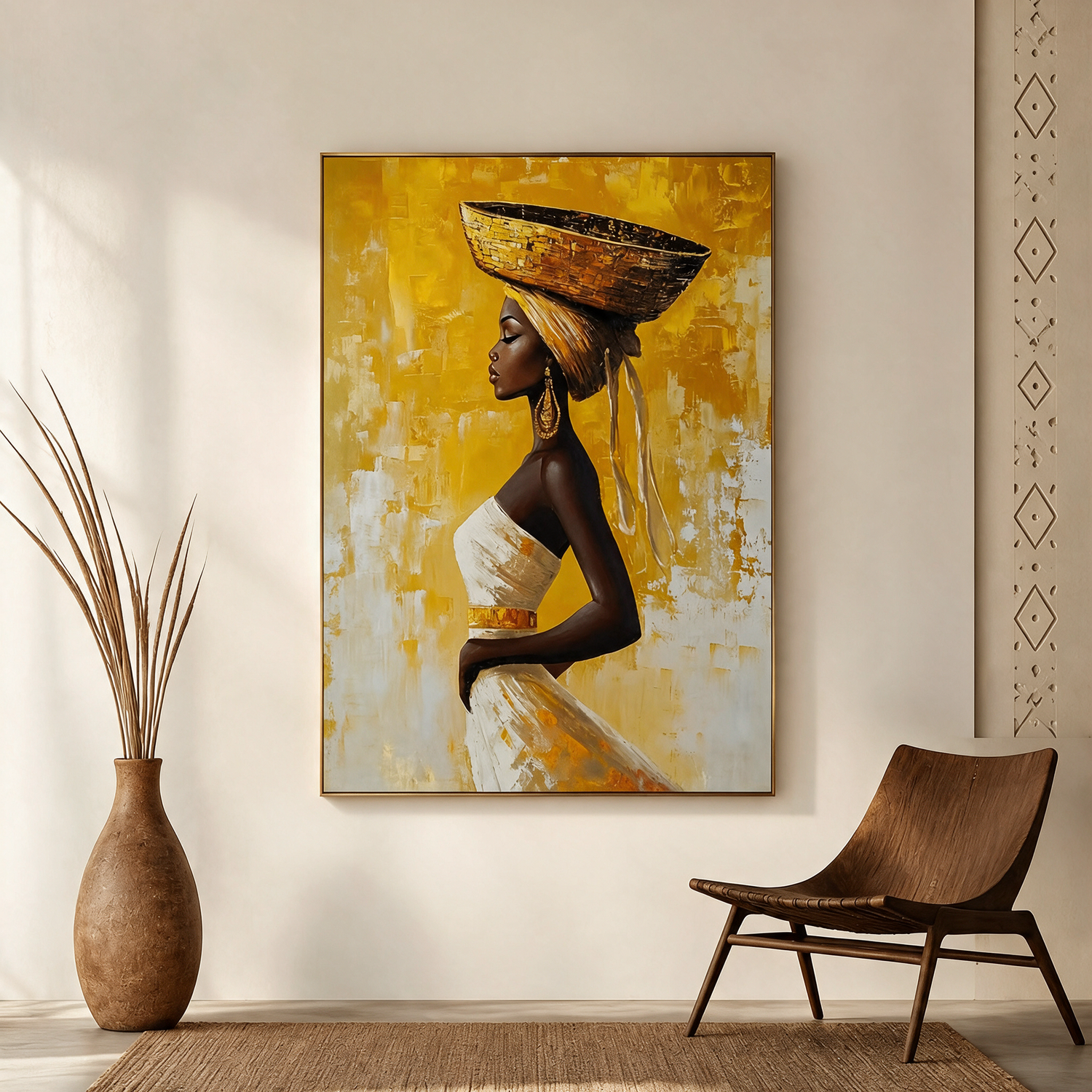 African Woman Carrying a Basket on Her Head - Textured Painting