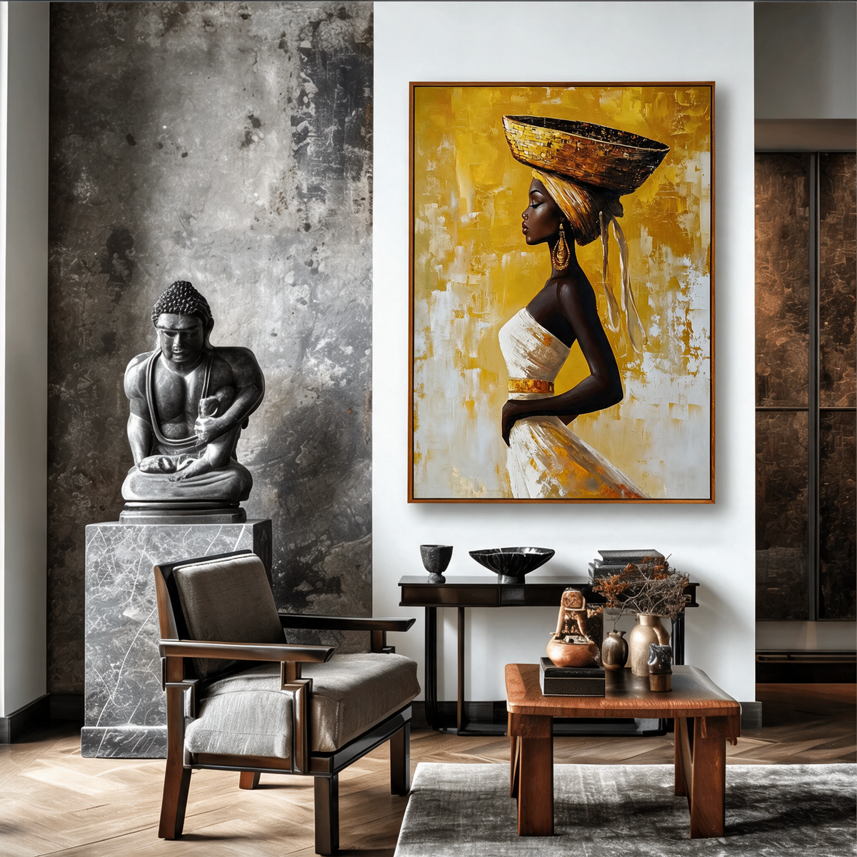 African Woman Carrying a Basket on Her Head - Textured Painting