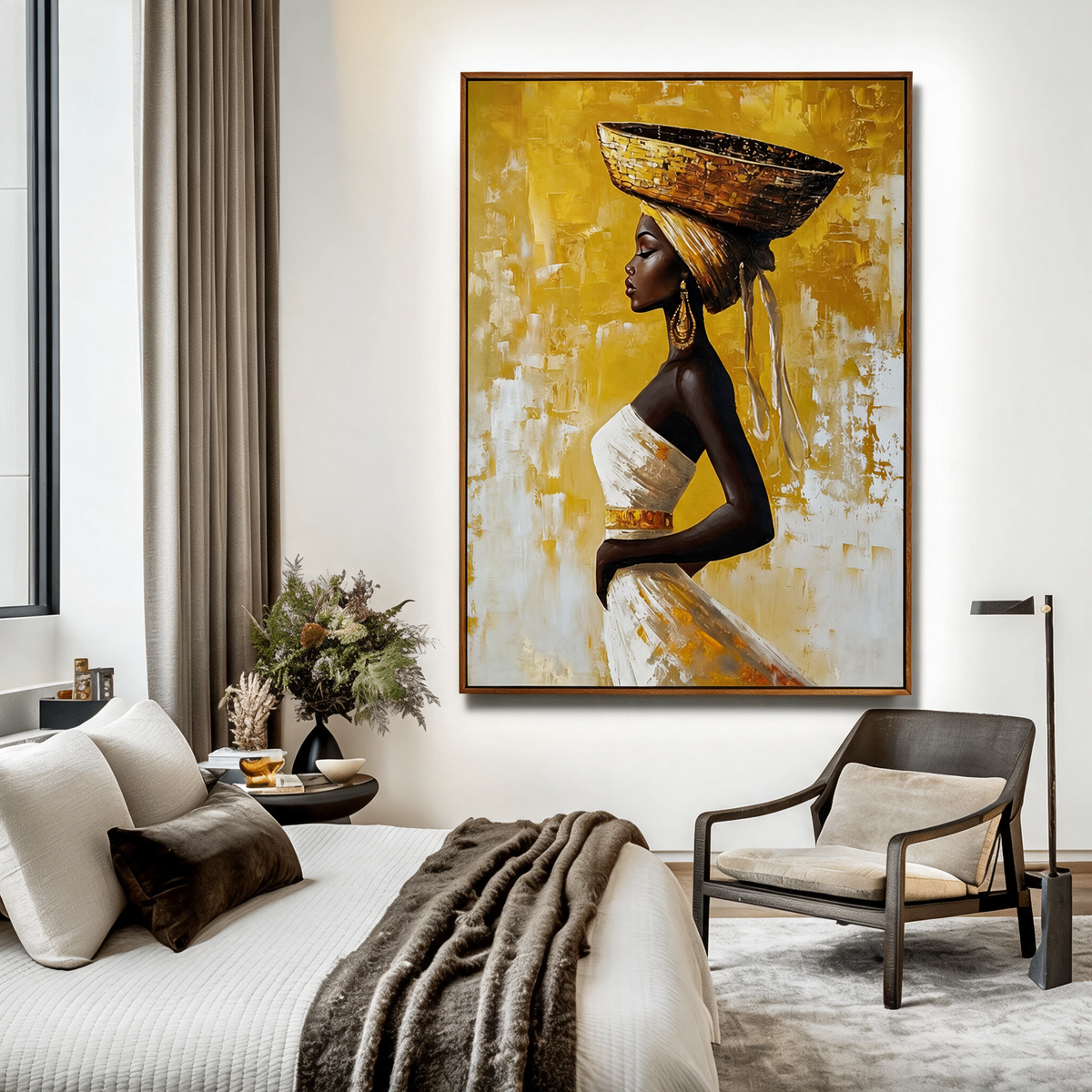 African Woman Carrying a Basket on Her Head - Textured Painting
