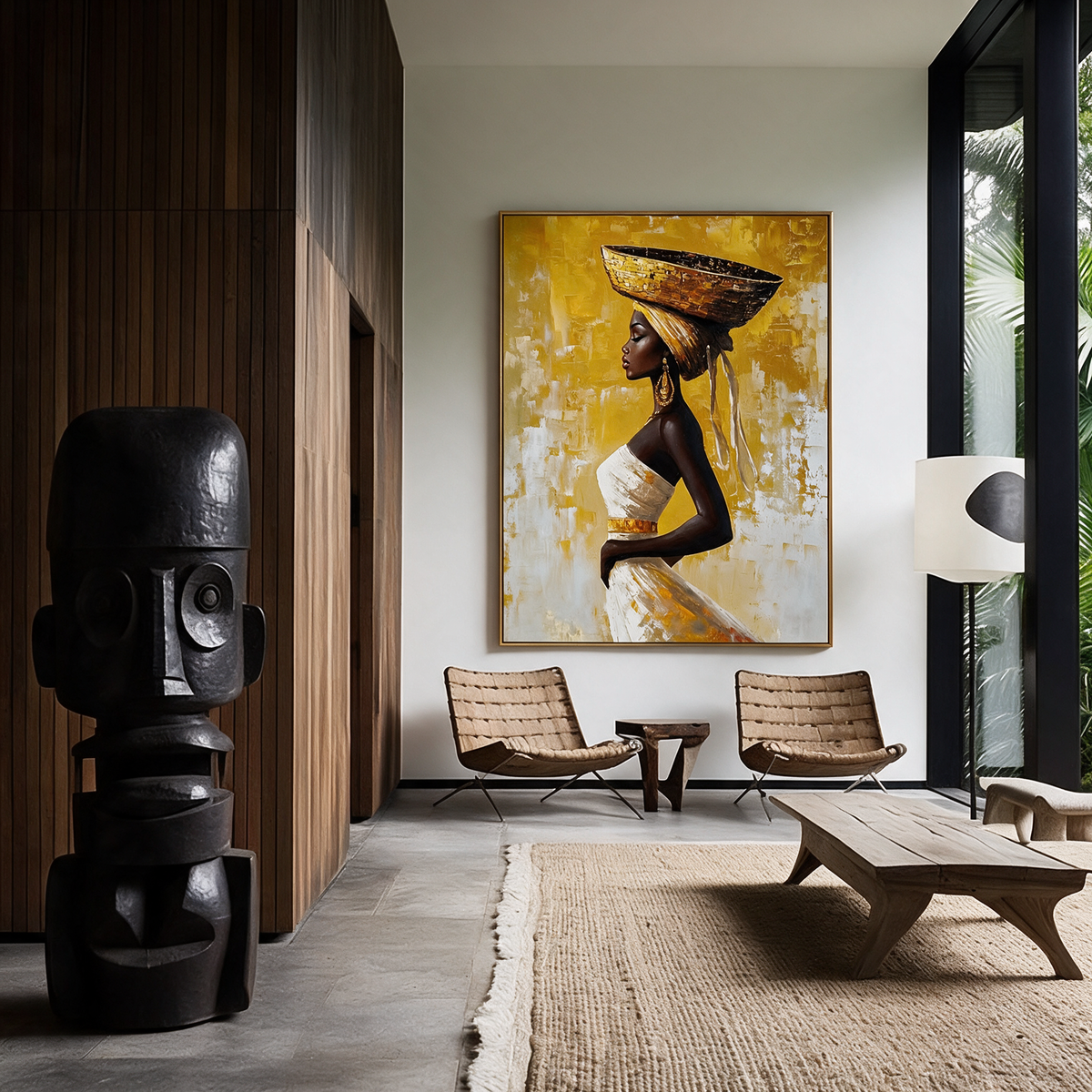 African Woman Carrying a Basket on Her Head - Textured Painting