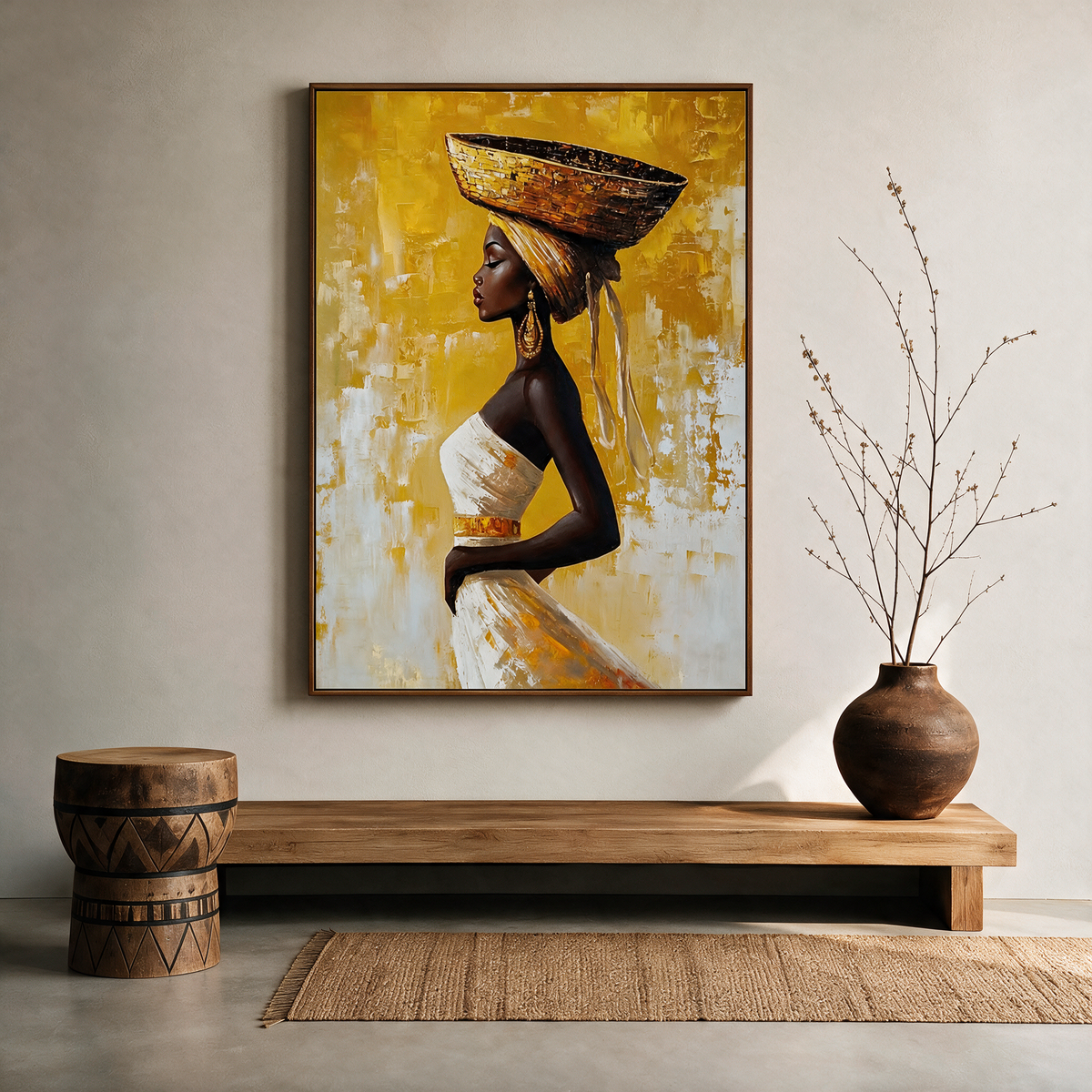 African Woman Carrying a Basket on Her Head - Textured Painting