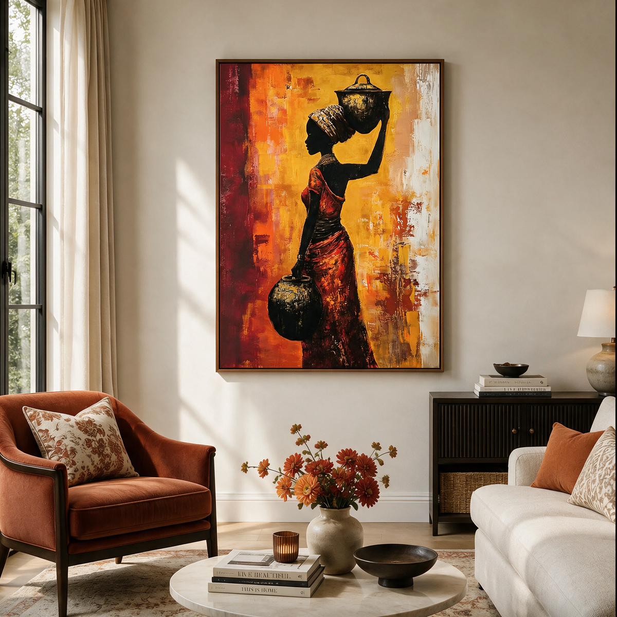 African Woman Holding an Amphora at Sunset - Textured Painting