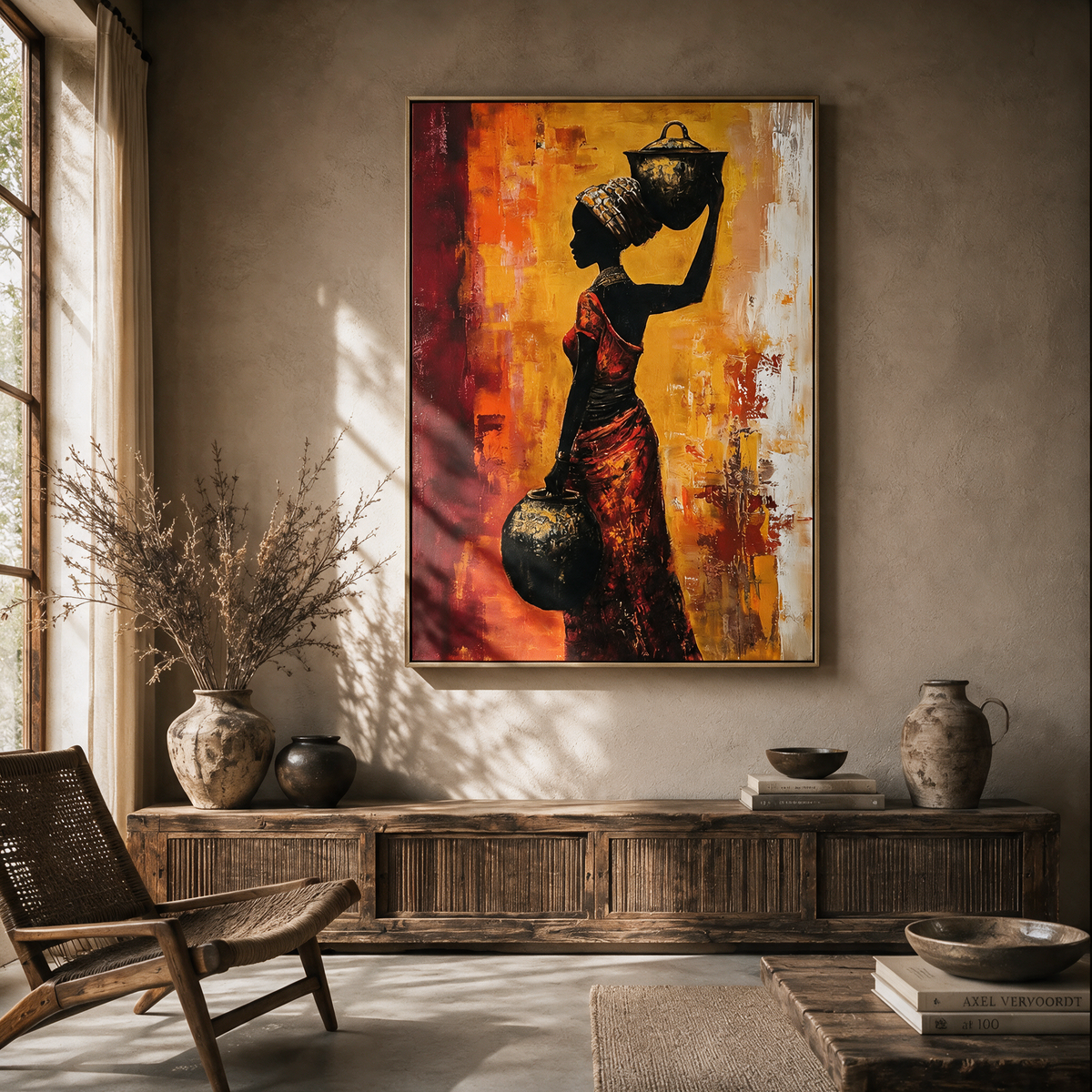 African Woman Holding an Amphora at Sunset - Textured Painting
