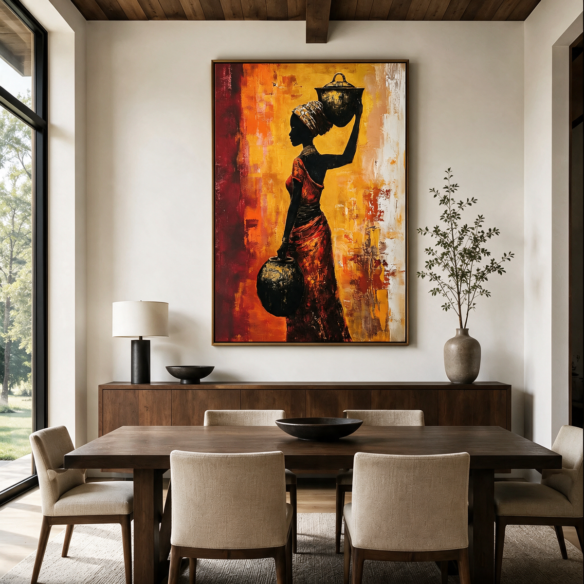 African Woman Holding an Amphora at Sunset - Textured Painting