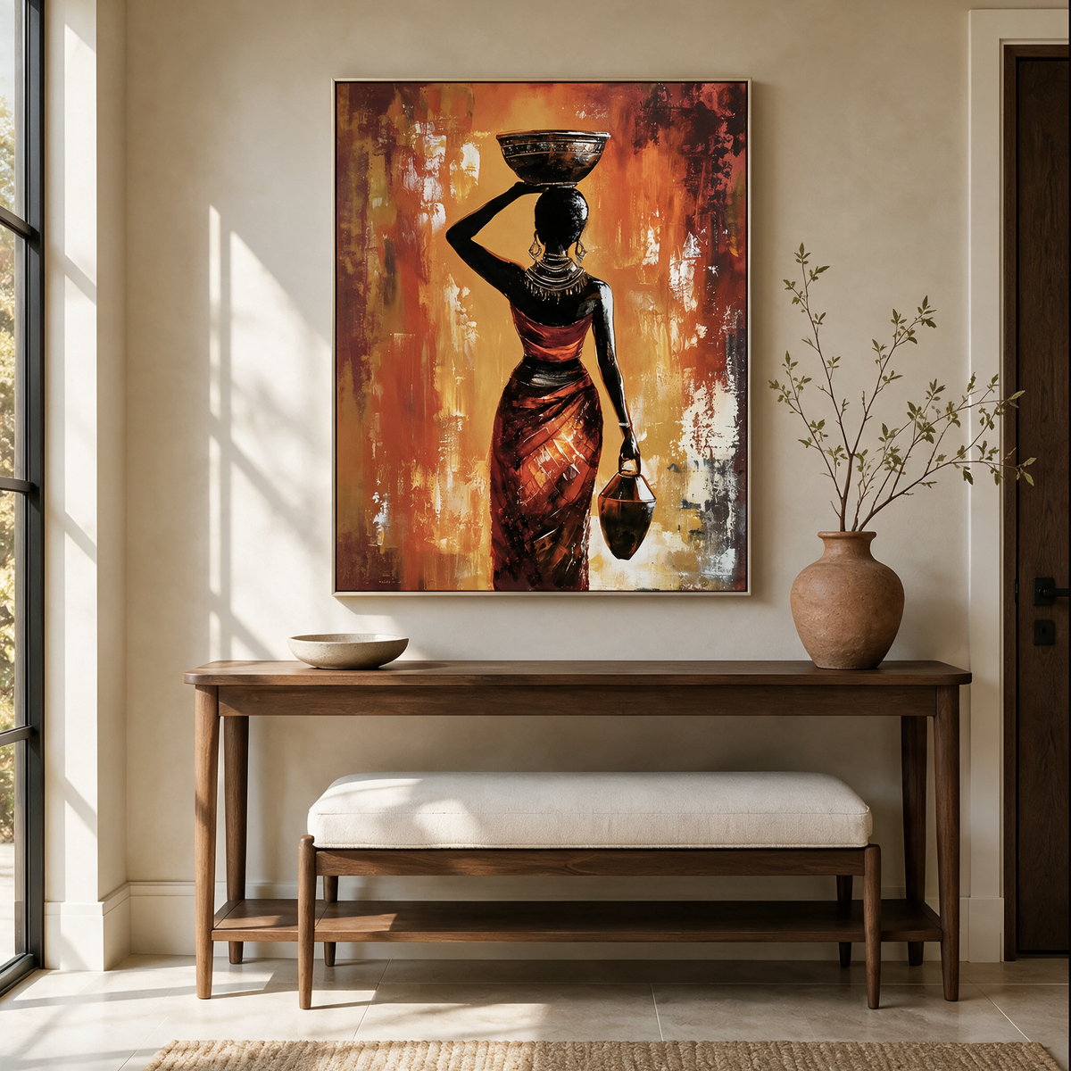 African Woman Carrying a Pot on Her Head - Textured Painting