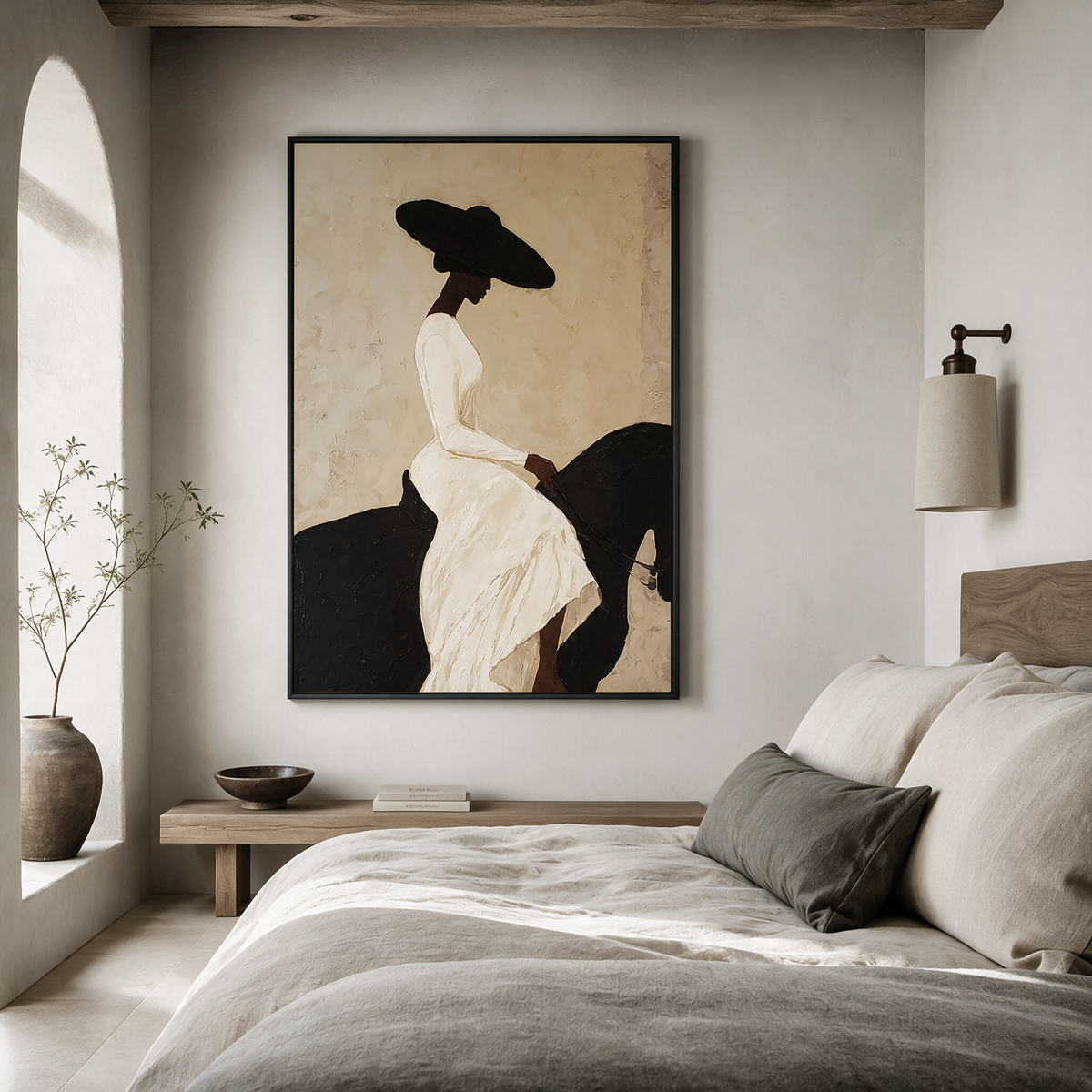 Woman on Horseback in White Dress - Textured Painting